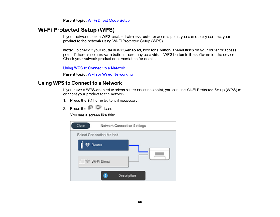 Wi-fi protected setup (wps), Using wps to connect to a network | Epson WorkForce Pro WF-C5890 Wireless Color MFP Inkjet Printer User Manual | Page 60 / 426