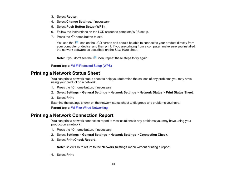 Printing a network status sheet, Printing a network connection report | Epson WorkForce Pro WF-C5890 Wireless Color MFP Inkjet Printer User Manual | Page 61 / 426