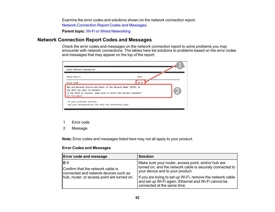 Network connection report codes and messages | Epson WorkForce Pro WF-C5890 Wireless Color MFP Inkjet Printer User Manual | Page 62 / 426