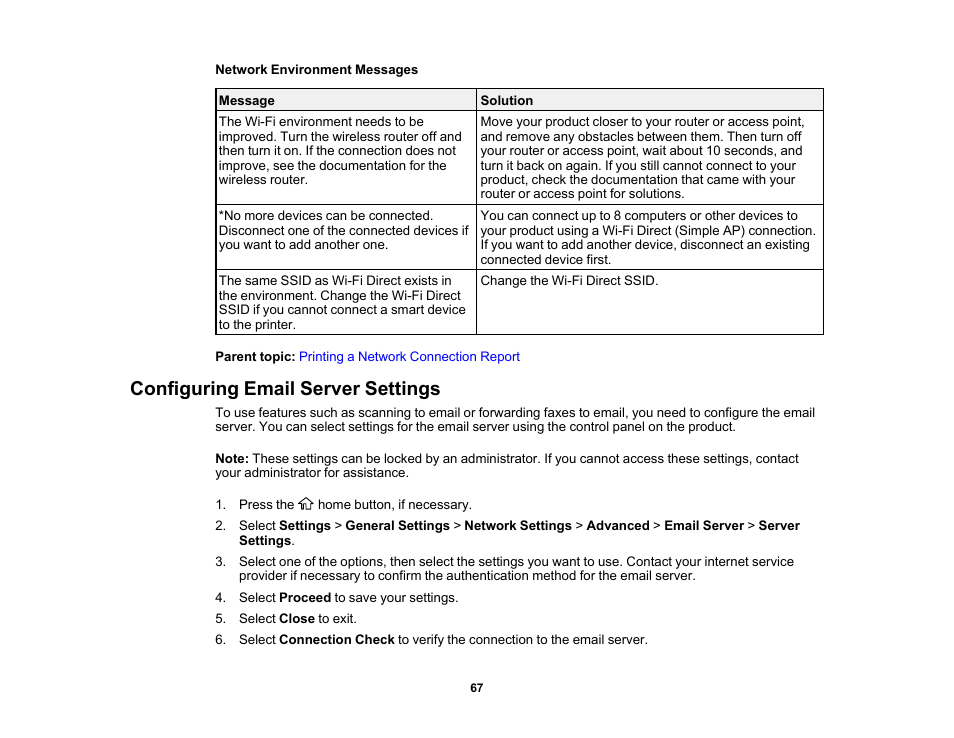 Configuring email server settings | Epson WorkForce Pro WF-C5890 Wireless Color MFP Inkjet Printer User Manual | Page 67 / 426