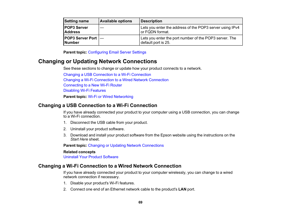 Changing or updating network connections, Changing a usb connection to a wi-fi connection | Epson WorkForce Pro WF-C5890 Wireless Color MFP Inkjet Printer User Manual | Page 69 / 426