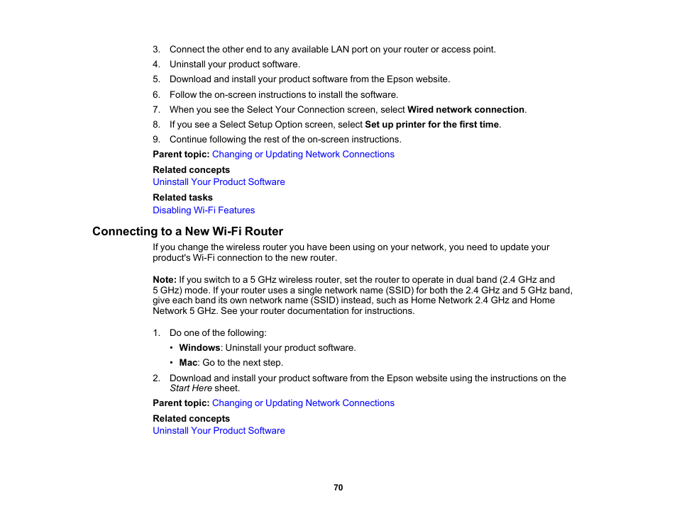 Connecting to a new wi-fi router | Epson WorkForce Pro WF-C5890 Wireless Color MFP Inkjet Printer User Manual | Page 70 / 426