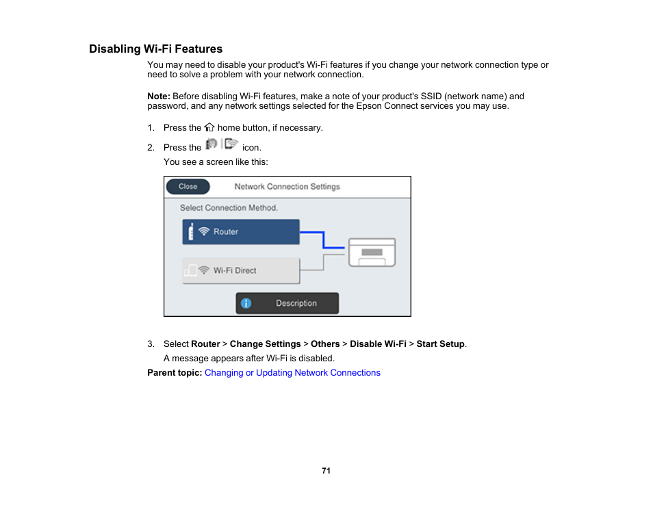 Disabling wi-fi features | Epson WorkForce Pro WF-C5890 Wireless Color MFP Inkjet Printer User Manual | Page 71 / 426