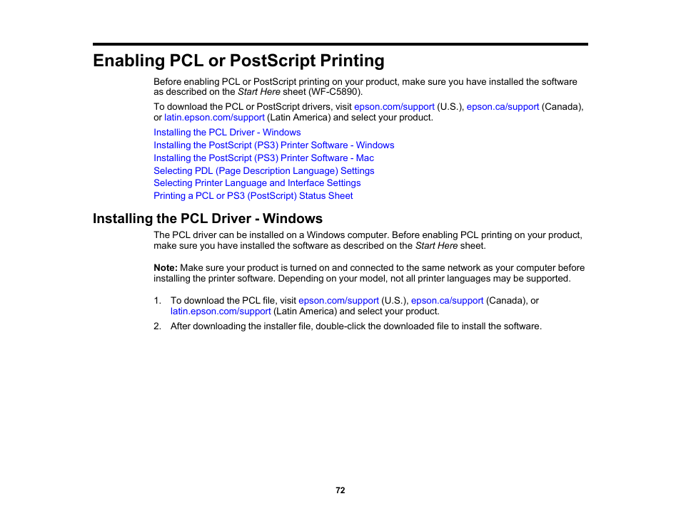 Enabling pcl or postscript printing, Installing the pcl driver - windows | Epson WorkForce Pro WF-C5890 Wireless Color MFP Inkjet Printer User Manual | Page 72 / 426