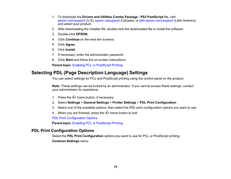 Pdl print configuration options, Selecting pdl (page description language) settings | Epson WorkForce Pro WF-C5890 Wireless Color MFP Inkjet Printer User Manual | Page 75 / 426