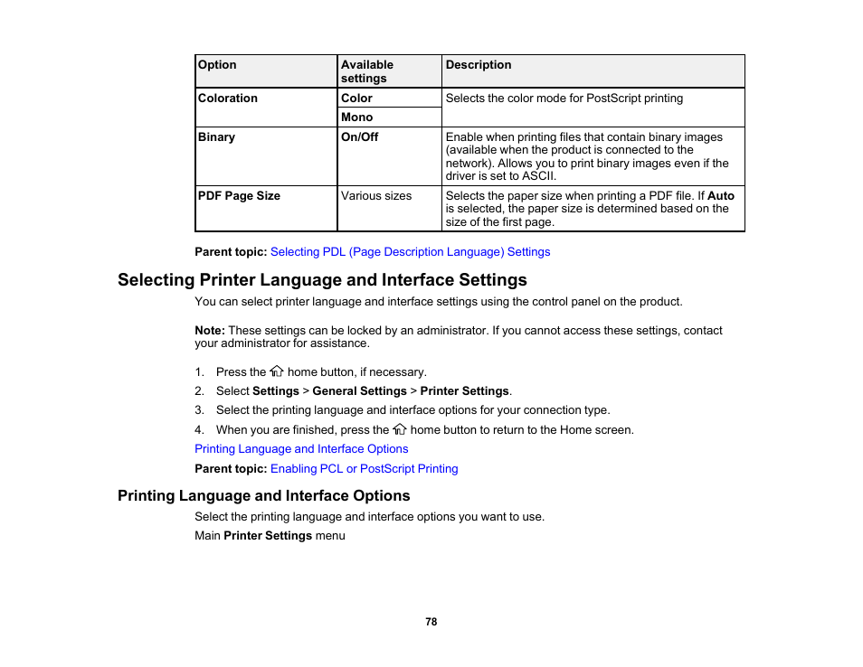 Selecting printer language and interface settings, Printing language and interface options | Epson WorkForce Pro WF-C5890 Wireless Color MFP Inkjet Printer User Manual | Page 78 / 426