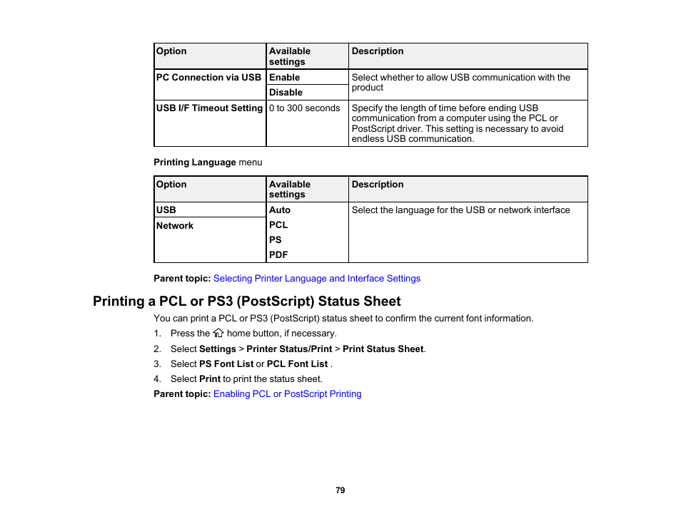 Printing a pcl or ps3 (postscript) status sheet | Epson WorkForce Pro WF-C5890 Wireless Color MFP Inkjet Printer User Manual | Page 79 / 426