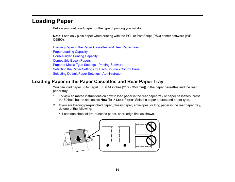 Loading paper | Epson WorkForce Pro WF-C5890 Wireless Color MFP Inkjet Printer User Manual | Page 80 / 426
