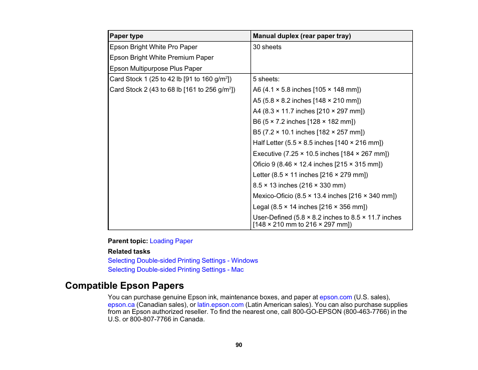 Compatible epson papers | Epson WorkForce Pro WF-C5890 Wireless Color MFP Inkjet Printer User Manual | Page 90 / 426