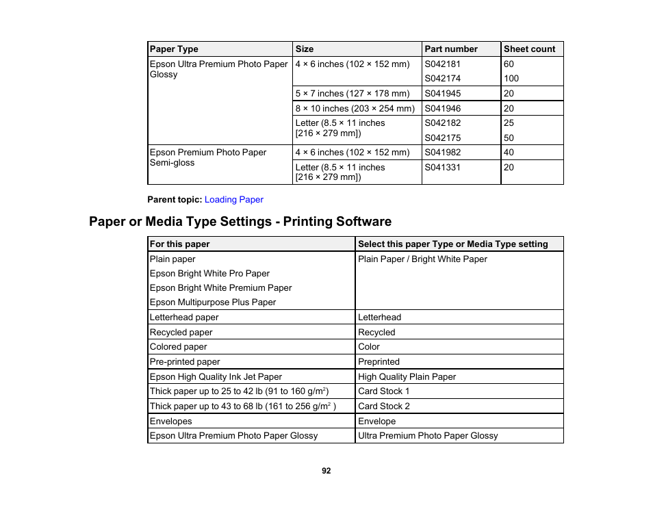 Paper or media type settings - printing software | Epson WorkForce Pro WF-C5890 Wireless Color MFP Inkjet Printer User Manual | Page 92 / 426