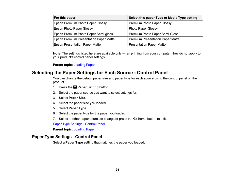 Paper type settings - control panel | Epson WorkForce Pro WF-C5890 Wireless Color MFP Inkjet Printer User Manual | Page 93 / 426