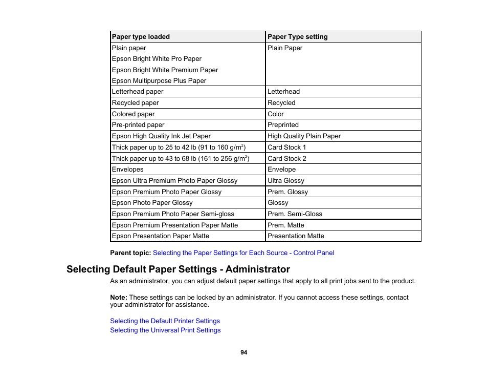 Selecting default paper settings - administrator | Epson WorkForce Pro WF-C5890 Wireless Color MFP Inkjet Printer User Manual | Page 94 / 426