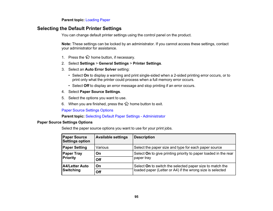 Selecting the default printer settings, Paper source settings options | Epson WorkForce Pro WF-C5890 Wireless Color MFP Inkjet Printer User Manual | Page 95 / 426