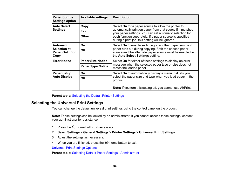 Selecting the universal print settings | Epson WorkForce Pro WF-C5890 Wireless Color MFP Inkjet Printer User Manual | Page 96 / 426