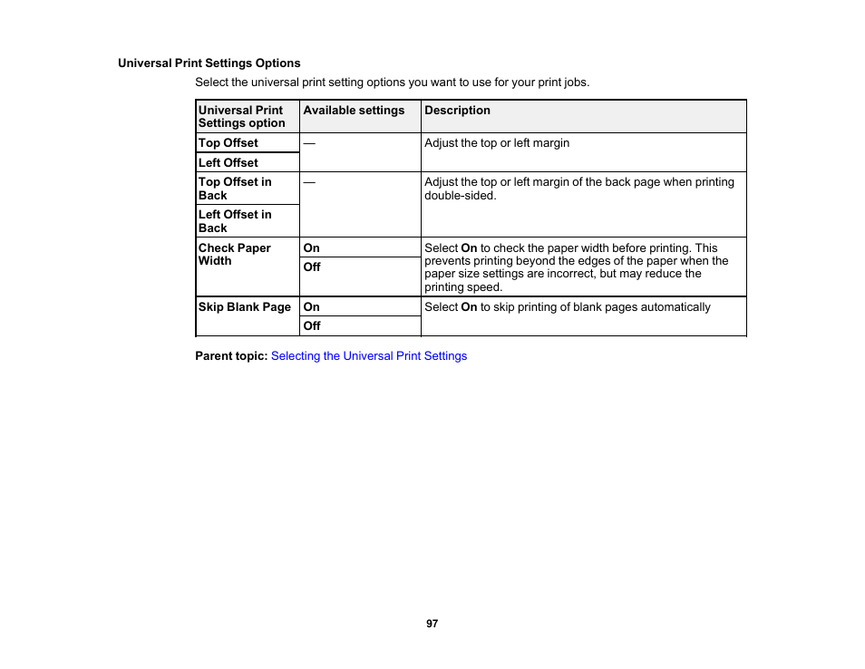 Universal print settings options | Epson WorkForce Pro WF-C5890 Wireless Color MFP Inkjet Printer User Manual | Page 97 / 426