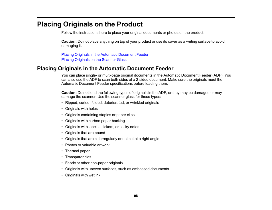 Placing originals on the product, Placing originals in the automatic document feeder | Epson WorkForce Pro WF-C5890 Wireless Color MFP Inkjet Printer User Manual | Page 98 / 426