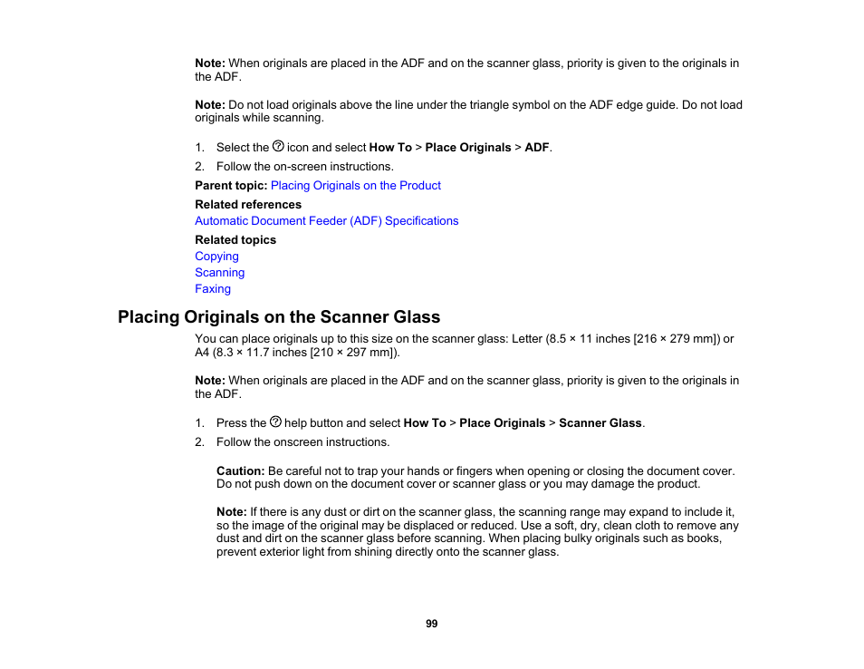 Placing originals on the scanner glass | Epson WorkForce Pro WF-C5890 Wireless Color MFP Inkjet Printer User Manual | Page 99 / 426