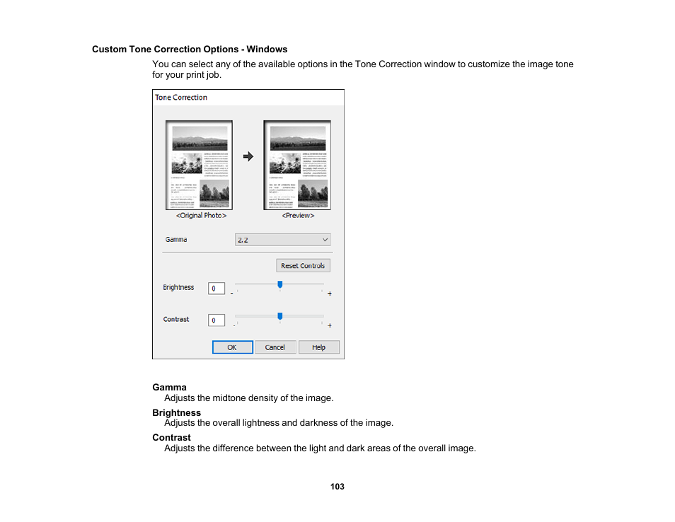 Custom tone correction options - windows | Epson WorkForce ST-M3000 Monochrome MFP Supertank Printer User Manual | Page 103 / 348
