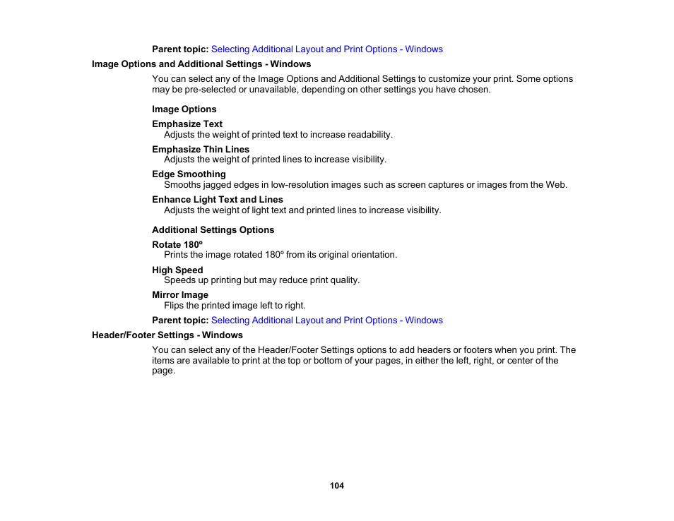 Image options and additional settings - windows, Header/footer settings - windows | Epson WorkForce ST-M3000 Monochrome MFP Supertank Printer User Manual | Page 104 / 348