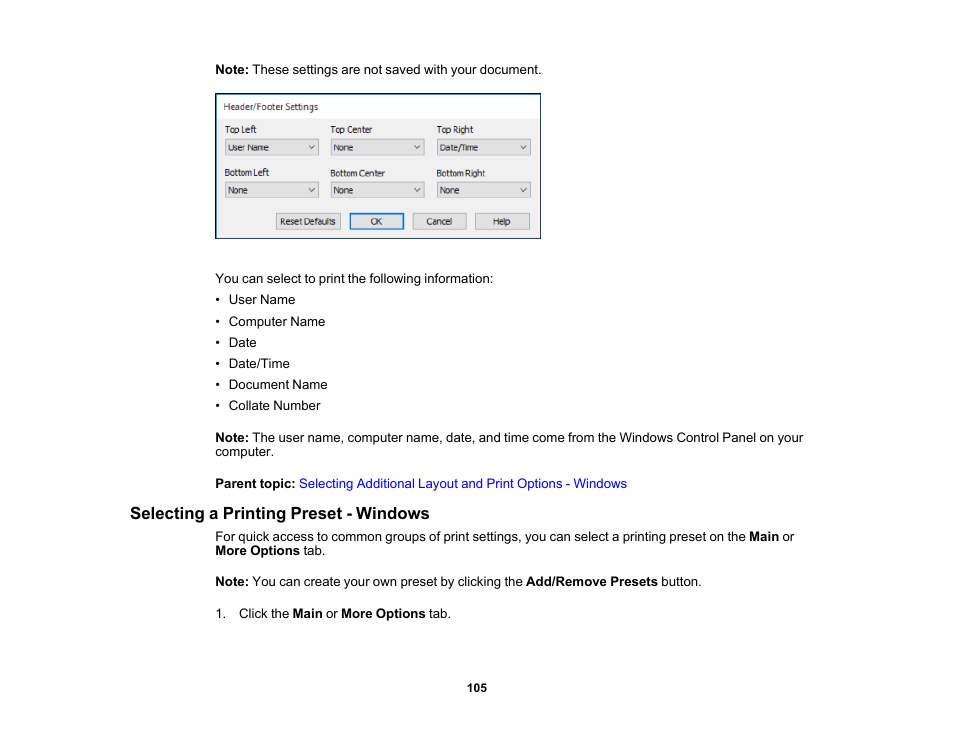 Selecting a printing preset - windows | Epson WorkForce ST-M3000 Monochrome MFP Supertank Printer User Manual | Page 105 / 348