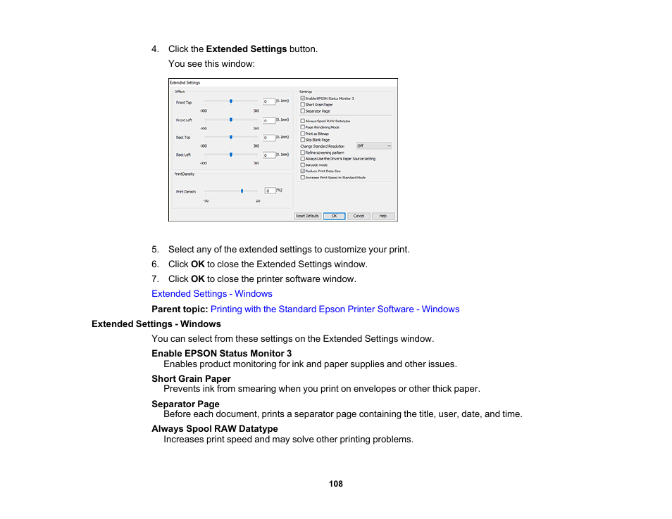 Extended settings - windows | Epson WorkForce ST-M3000 Monochrome MFP Supertank Printer User Manual | Page 108 / 348