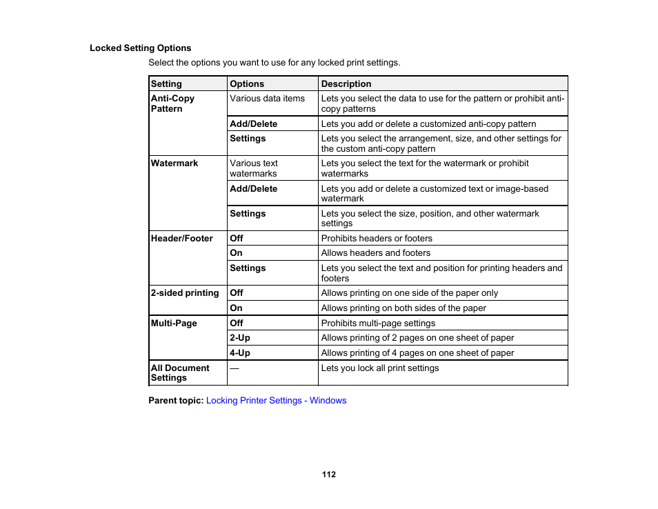 Locked setting options | Epson WorkForce ST-M3000 Monochrome MFP Supertank Printer User Manual | Page 112 / 348