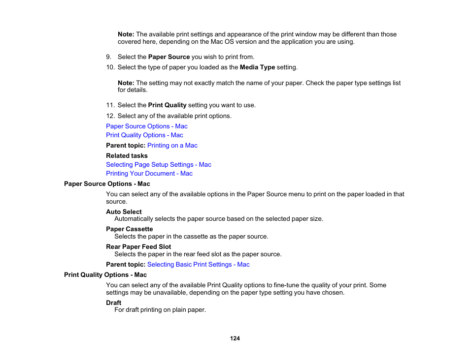 Paper source options - mac, Print quality options - mac | Epson WorkForce ST-M3000 Monochrome MFP Supertank Printer User Manual | Page 124 / 348