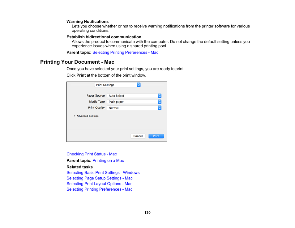 Printing your document - mac | Epson WorkForce ST-M3000 Monochrome MFP Supertank Printer User Manual | Page 130 / 348