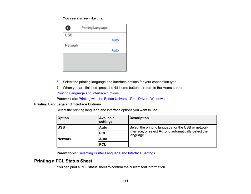 Printing language and interface options, Printing a pcl status sheet | Epson WorkForce ST-M3000 Monochrome MFP Supertank Printer User Manual | Page 141 / 348