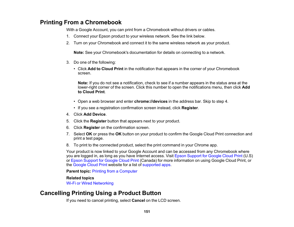 Printing from a chromebook, Cancelling printing using a product button | Epson WorkForce ST-M3000 Monochrome MFP Supertank Printer User Manual | Page 151 / 348