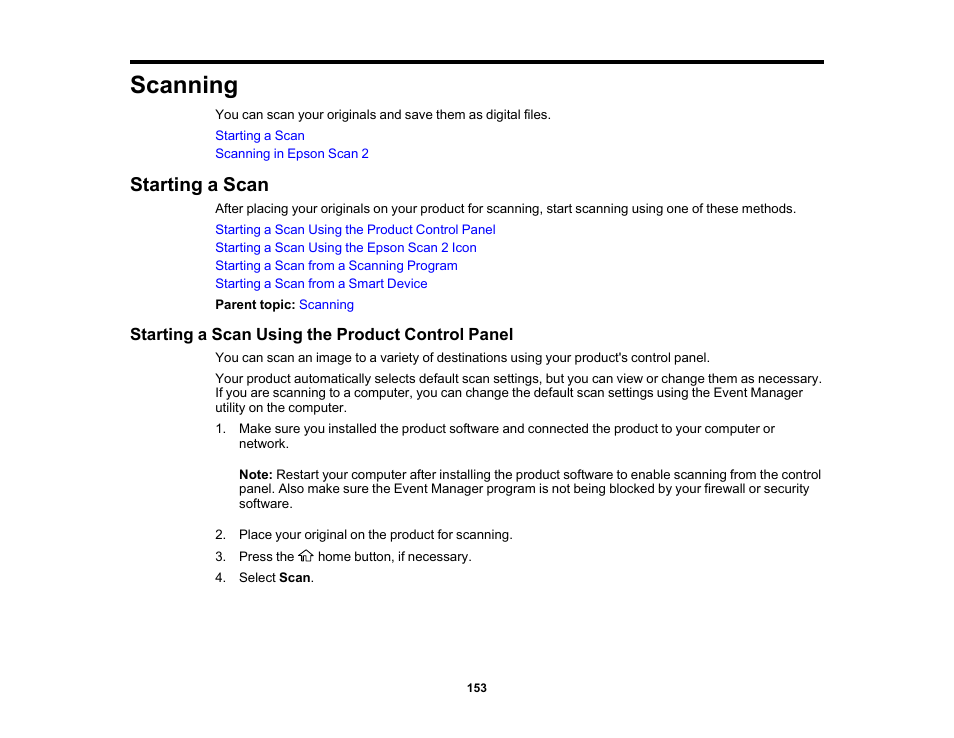 Scanning, Starting a scan, Starting a scan using the product control panel | Epson WorkForce ST-M3000 Monochrome MFP Supertank Printer User Manual | Page 153 / 348