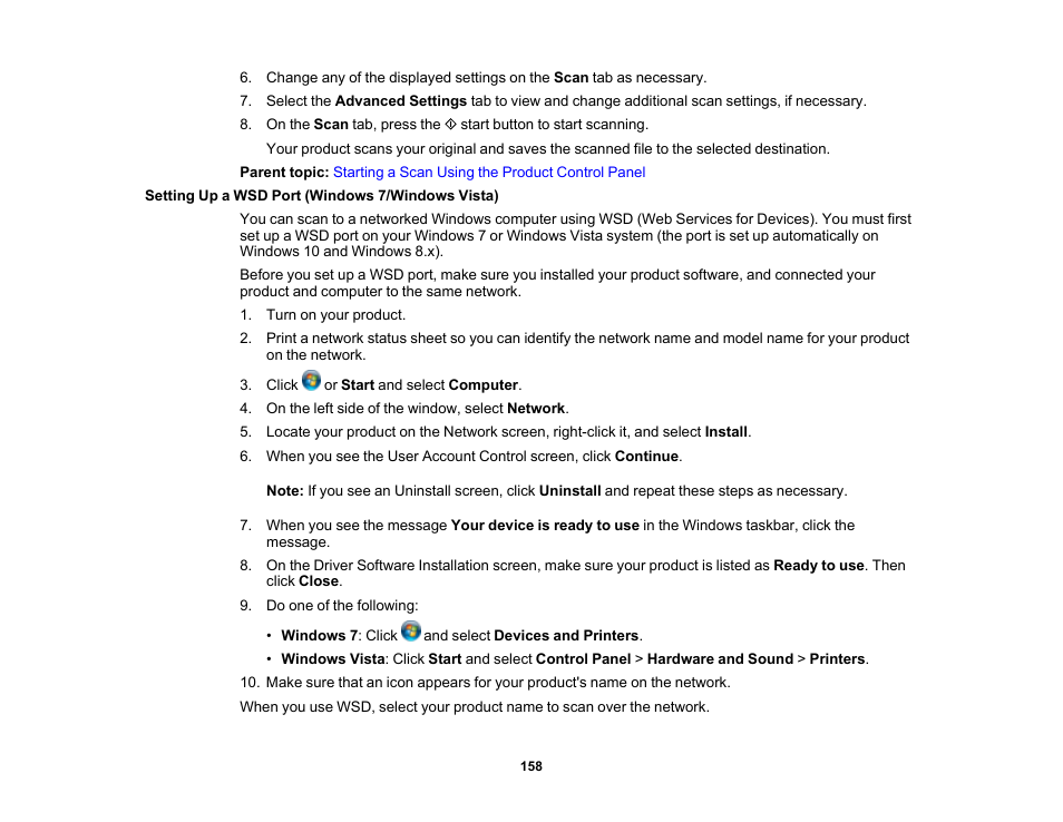 Setting up a wsd port (windows 7/windows vista) | Epson WorkForce ST-M3000 Monochrome MFP Supertank Printer User Manual | Page 158 / 348