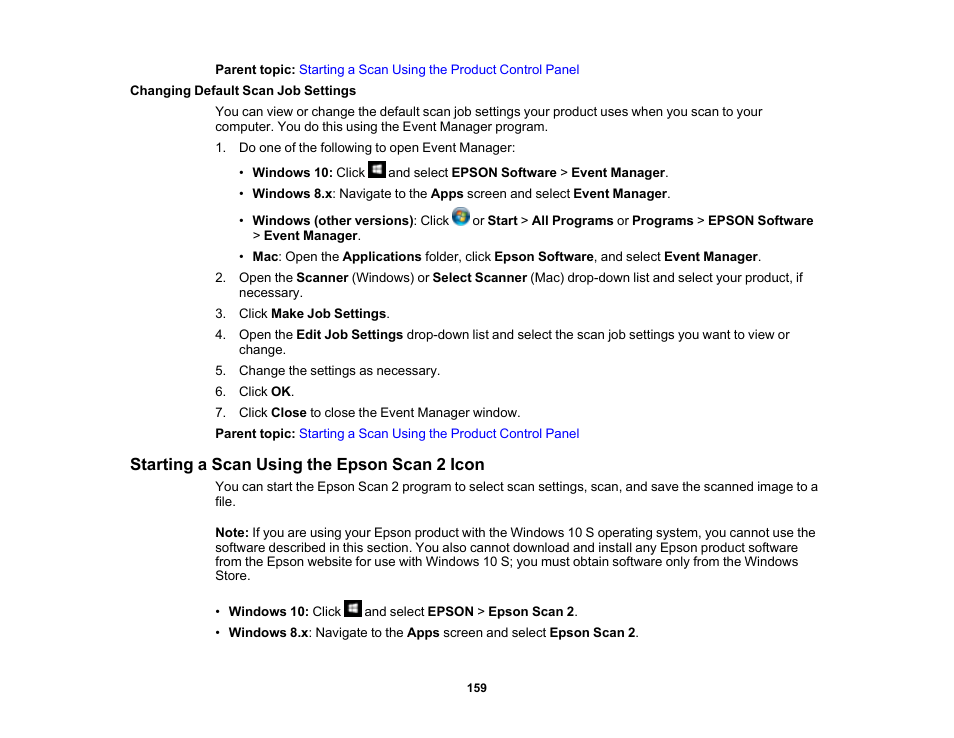 Changing default scan job settings, Starting a scan using the epson scan 2 icon | Epson WorkForce ST-M3000 Monochrome MFP Supertank Printer User Manual | Page 159 / 348