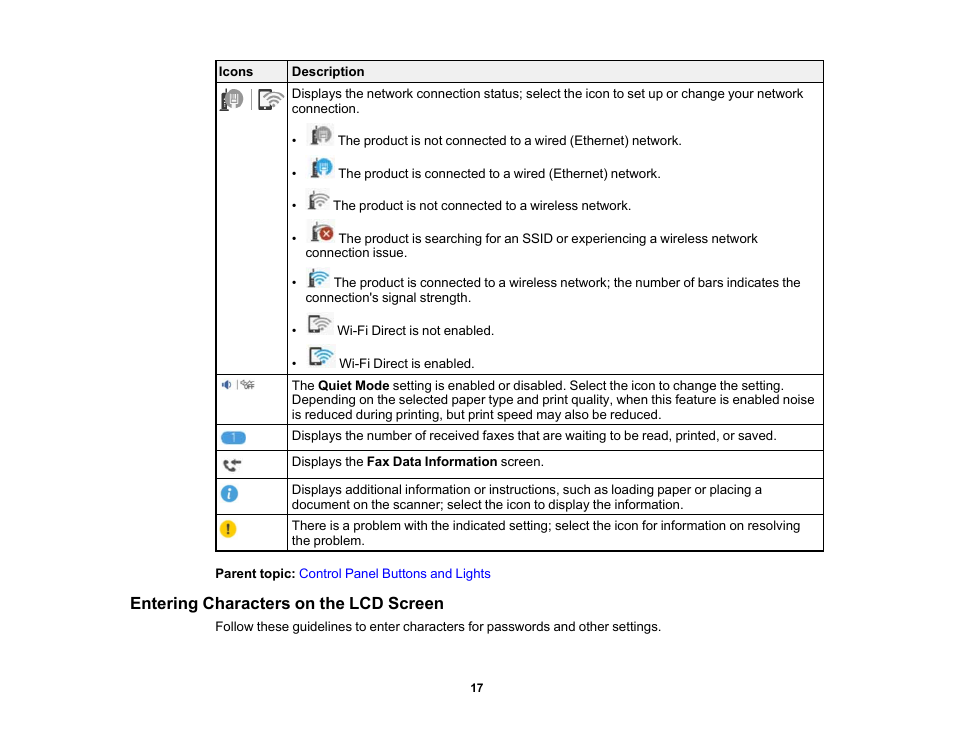 Entering characters on the lcd screen | Epson WorkForce ST-M3000 Monochrome MFP Supertank Printer User Manual | Page 17 / 348