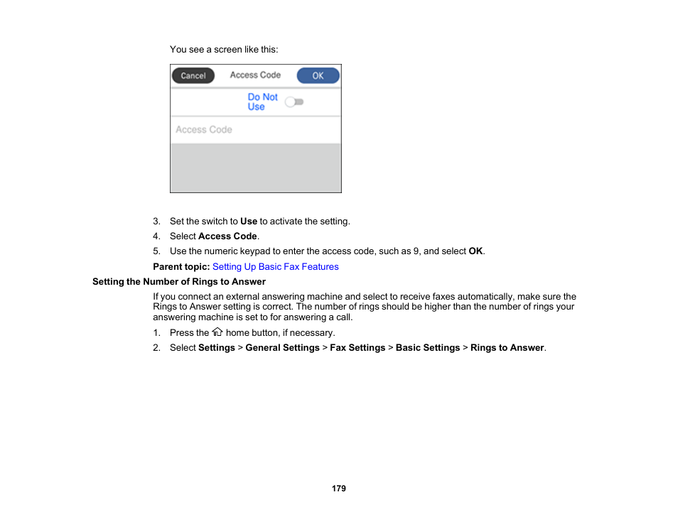 Setting the number of rings to answer | Epson WorkForce ST-M3000 Monochrome MFP Supertank Printer User Manual | Page 179 / 348