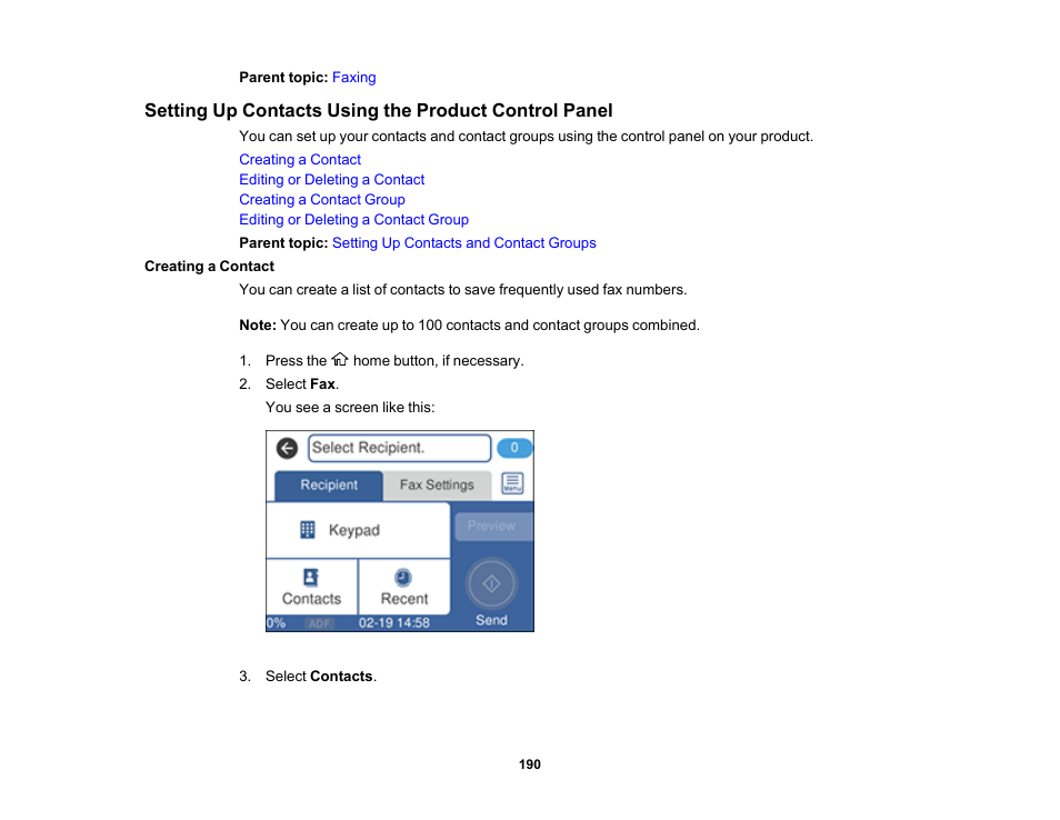 Creating a contact | Epson WorkForce ST-M3000 Monochrome MFP Supertank Printer User Manual | Page 190 / 348
