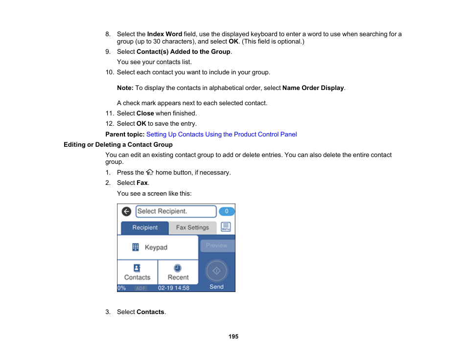 Editing or deleting a contact group | Epson WorkForce ST-M3000 Monochrome MFP Supertank Printer User Manual | Page 195 / 348