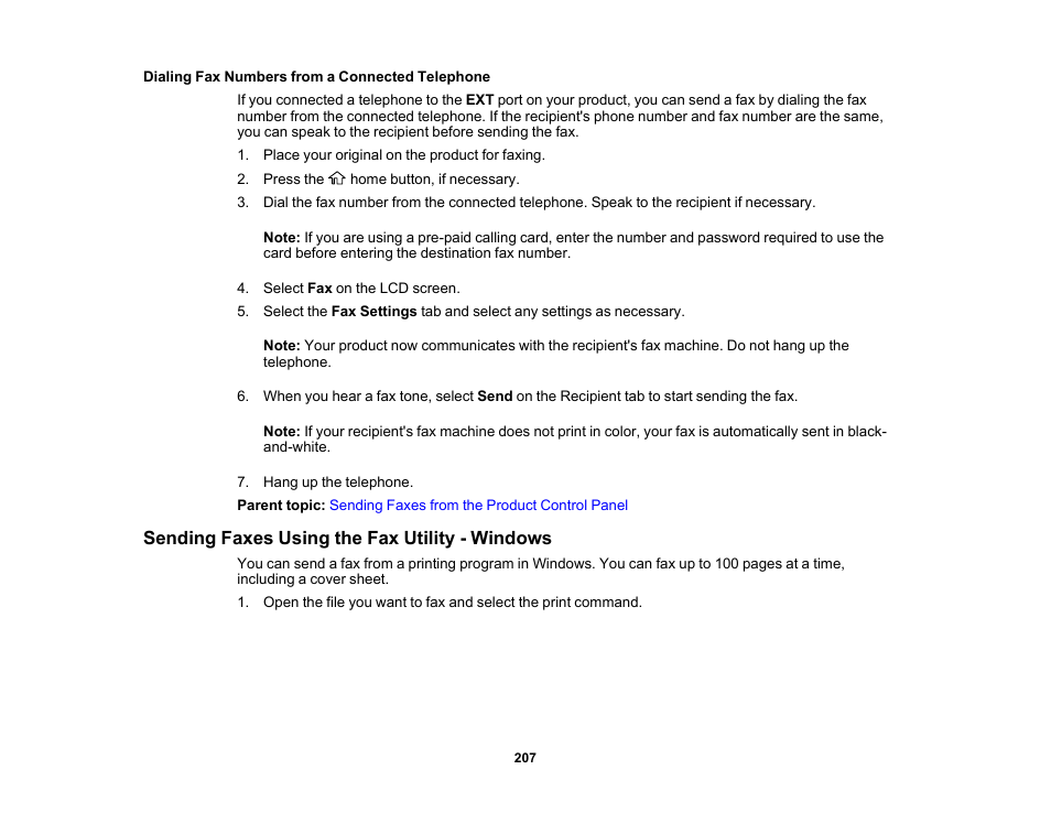 Dialing fax numbers from a connected telephone, Sending faxes using the fax utility - windows | Epson WorkForce ST-M3000 Monochrome MFP Supertank Printer User Manual | Page 207 / 348