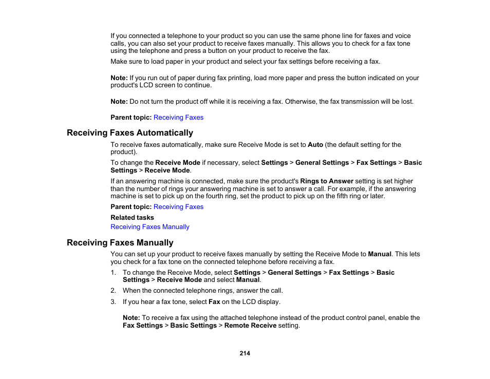 Receiving faxes automatically, Receiving faxes manually | Epson WorkForce ST-M3000 Monochrome MFP Supertank Printer User Manual | Page 214 / 348