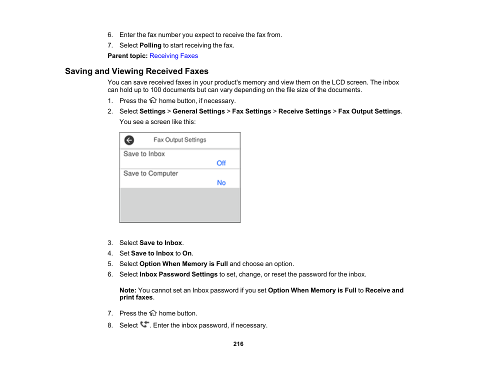 Saving and viewing received faxes | Epson WorkForce ST-M3000 Monochrome MFP Supertank Printer User Manual | Page 216 / 348