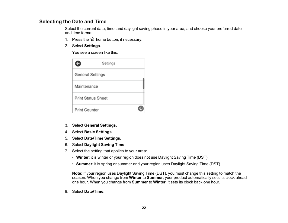 Selecting the date and time | Epson WorkForce ST-M3000 Monochrome MFP Supertank Printer User Manual | Page 22 / 348