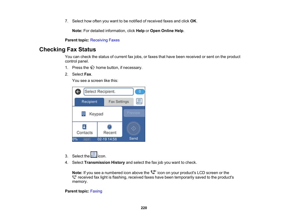 Checking fax status | Epson WorkForce ST-M3000 Monochrome MFP Supertank Printer User Manual | Page 220 / 348