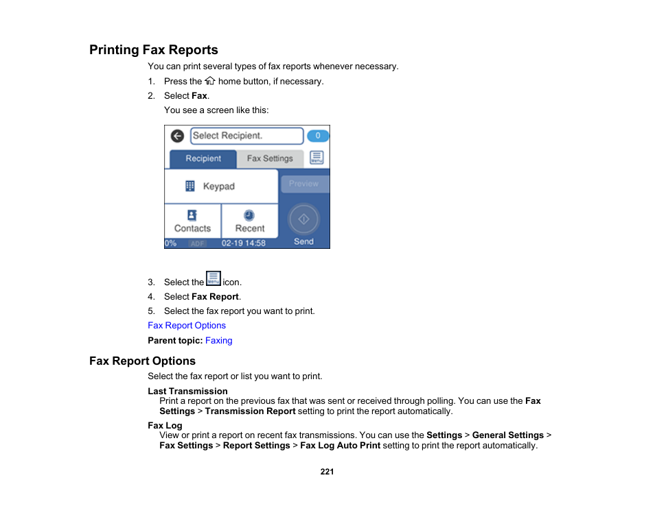 Printing fax reports, Fax report options | Epson WorkForce ST-M3000 Monochrome MFP Supertank Printer User Manual | Page 221 / 348