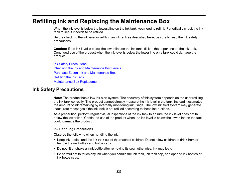 Refilling ink and replacing the maintenance box, Ink safety precautions | Epson WorkForce ST-M3000 Monochrome MFP Supertank Printer User Manual | Page 223 / 348