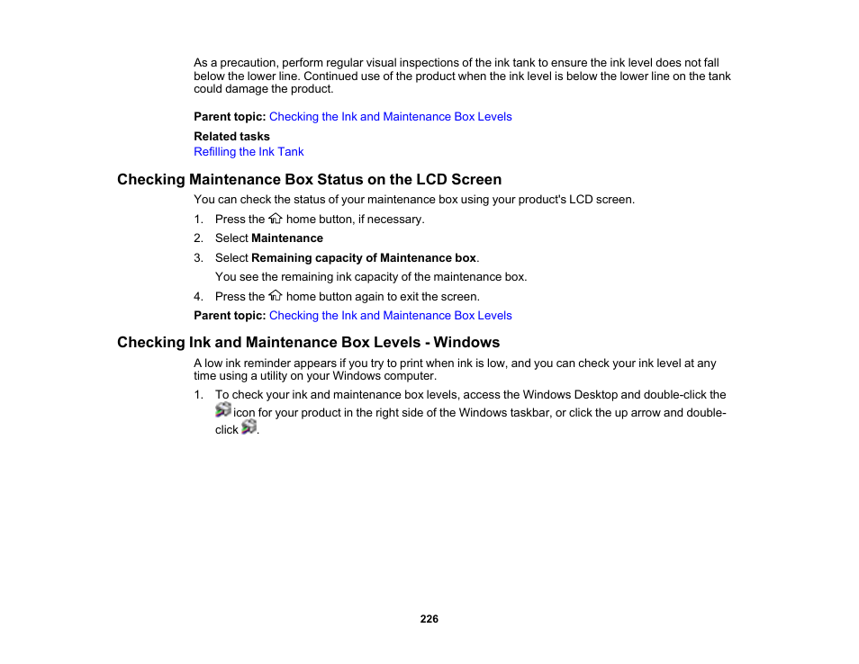 Checking maintenance box status on the lcd screen, Checking ink and maintenance box levels - windows | Epson WorkForce ST-M3000 Monochrome MFP Supertank Printer User Manual | Page 226 / 348