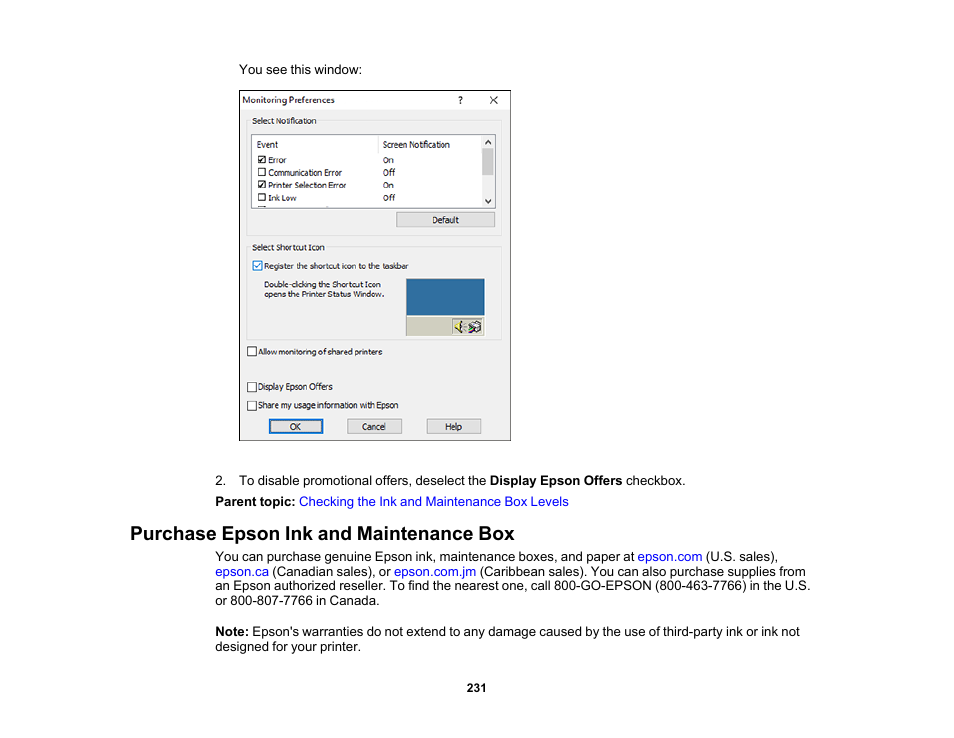 Purchase epson ink and maintenance box | Epson WorkForce ST-M3000 Monochrome MFP Supertank Printer User Manual | Page 231 / 348