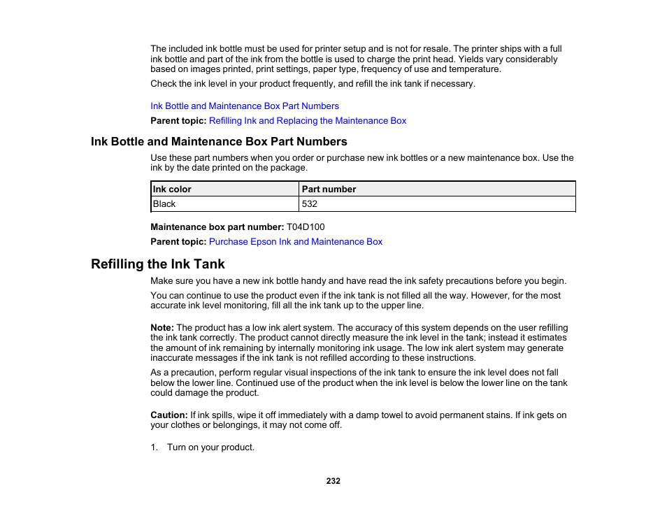 Ink bottle and maintenance box part numbers, Refilling the ink tank | Epson WorkForce ST-M3000 Monochrome MFP Supertank Printer User Manual | Page 232 / 348