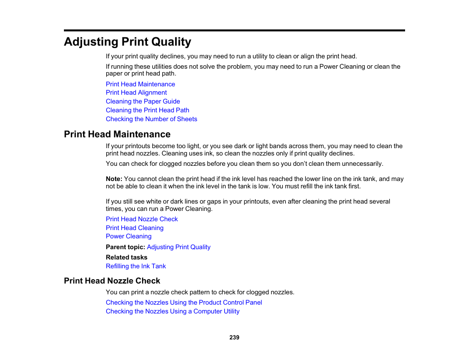 Adjusting print quality, Print head maintenance, Print head nozzle check | Epson WorkForce ST-M3000 Monochrome MFP Supertank Printer User Manual | Page 239 / 348