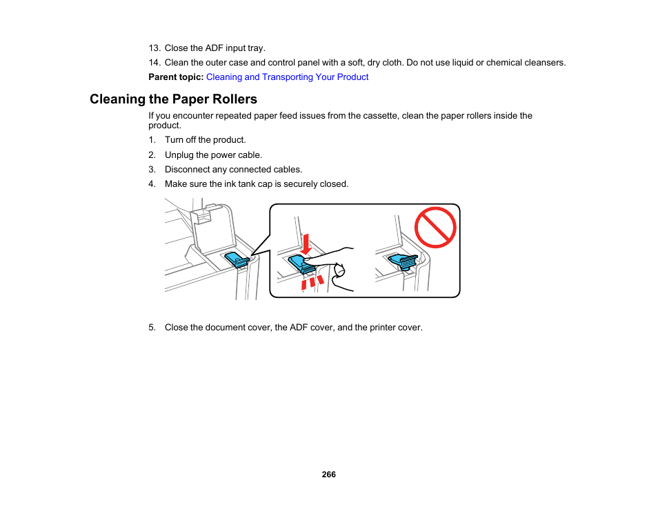 Cleaning the paper rollers | Epson WorkForce ST-M3000 Monochrome MFP Supertank Printer User Manual | Page 266 / 348