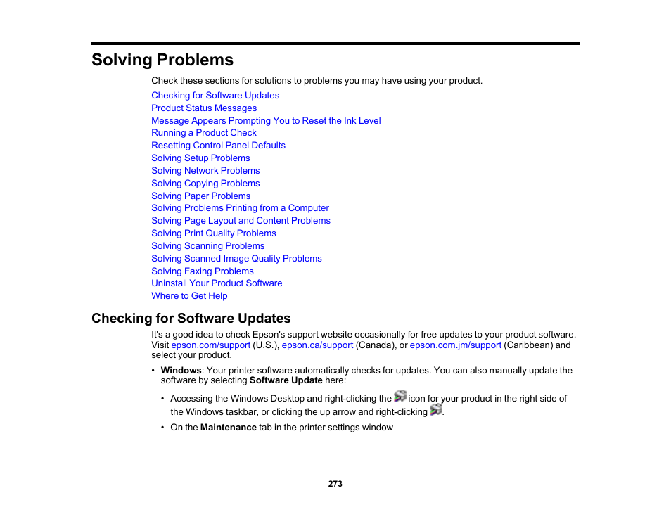 Solving problems, Checking for software updates | Epson WorkForce ST-M3000 Monochrome MFP Supertank Printer User Manual | Page 273 / 348